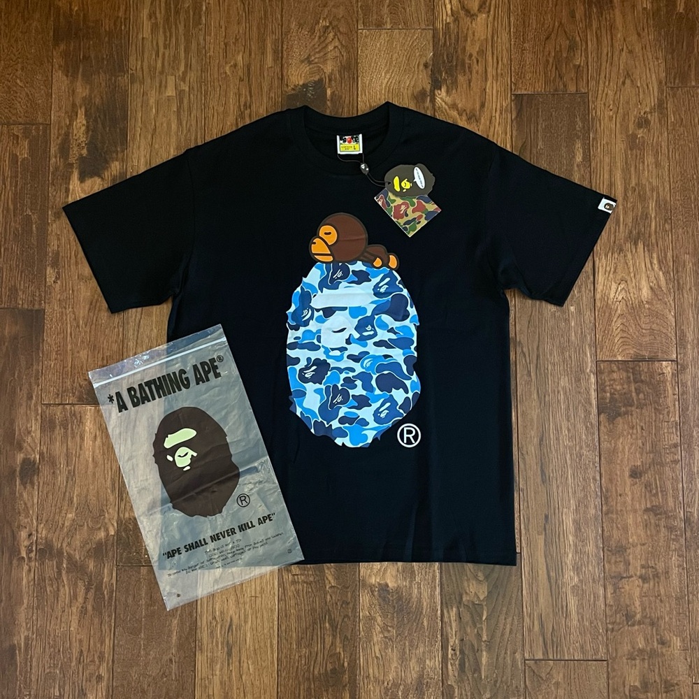 Bape Black Tee with Blue Camo Ape Design